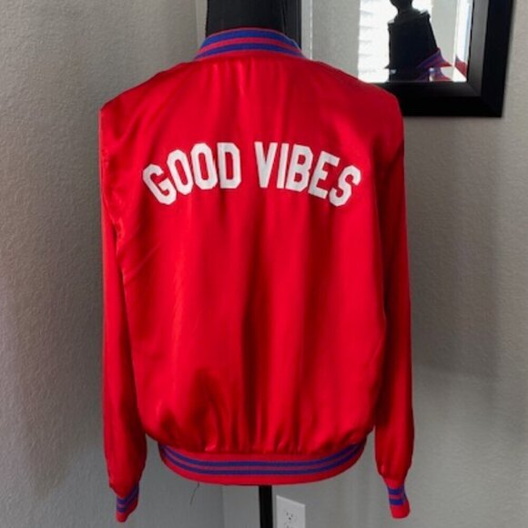SUB_URBAN RIOT "Good Vibes" Red Silky Varsity Bomber Jacket Small - Picture 2 of 11